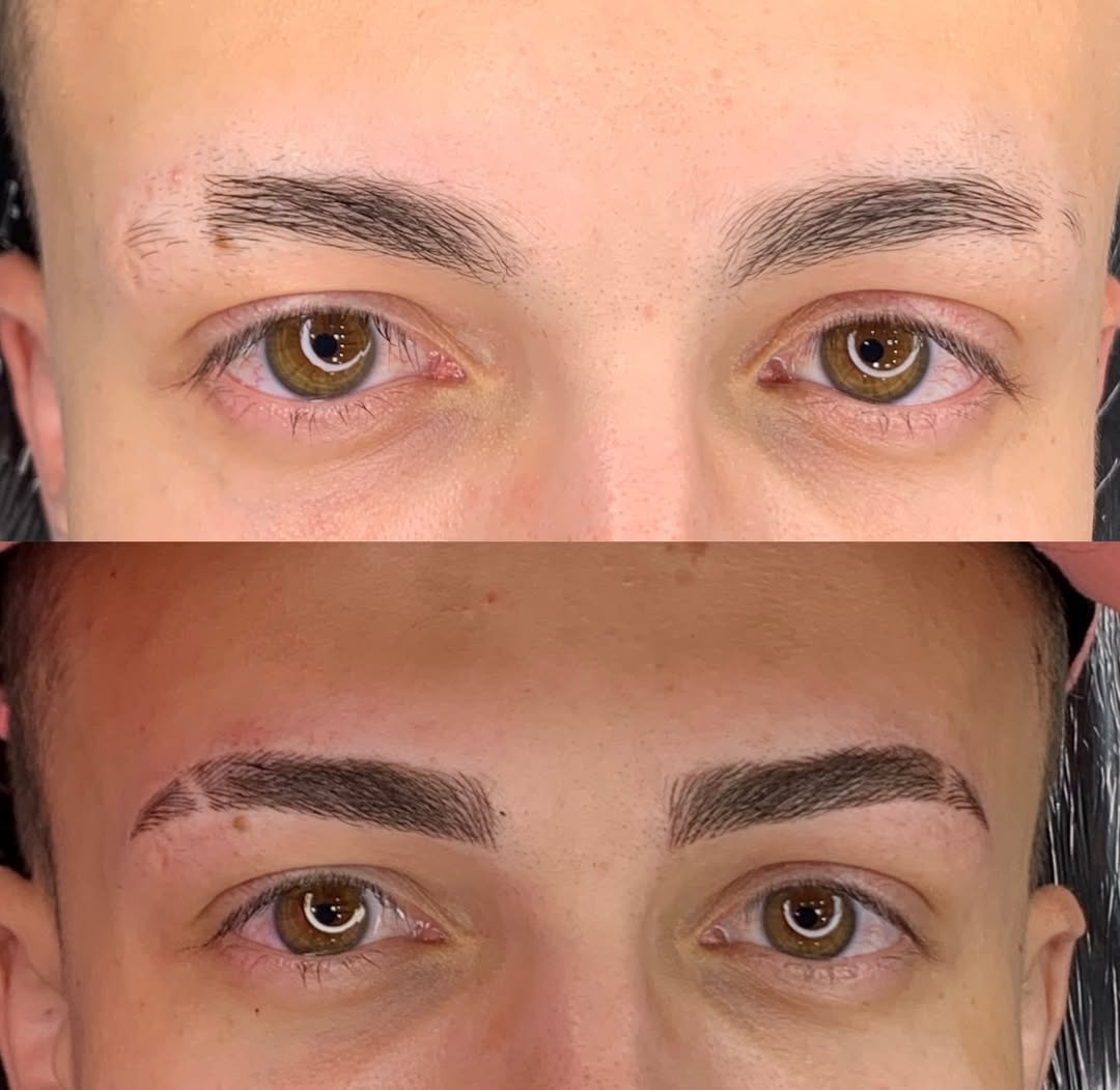 Antes e depois de micropigmentação de sobrancelha masculina já cicatrizada